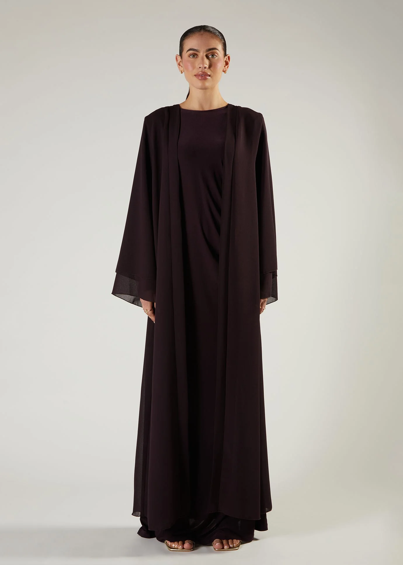 Chiffon Two Piece Abaya Burgundy - Image 3