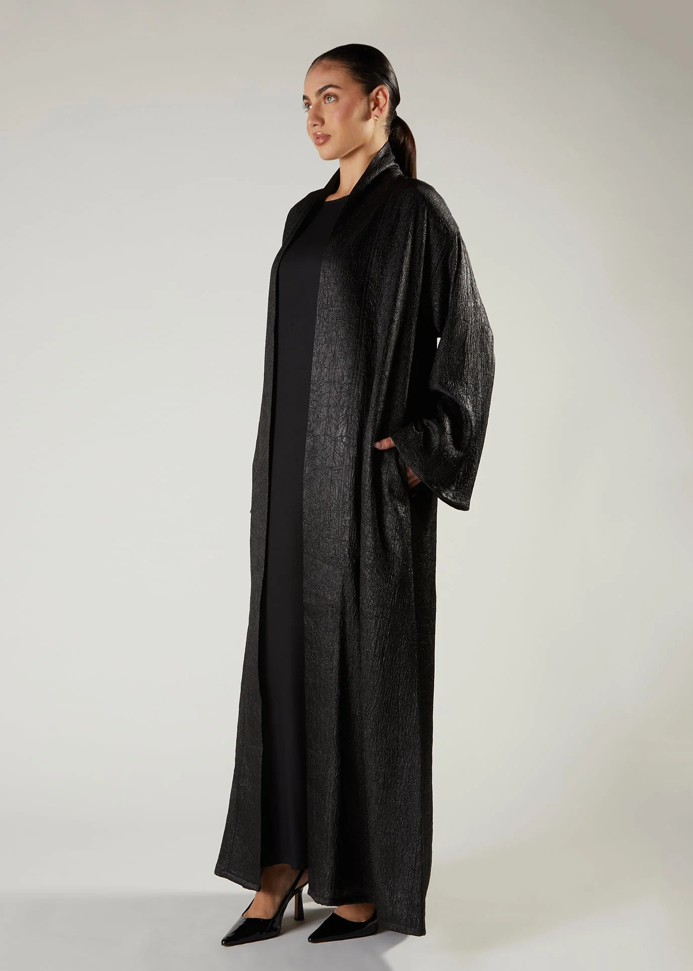 Crushed Satin Open Abaya - Image 2