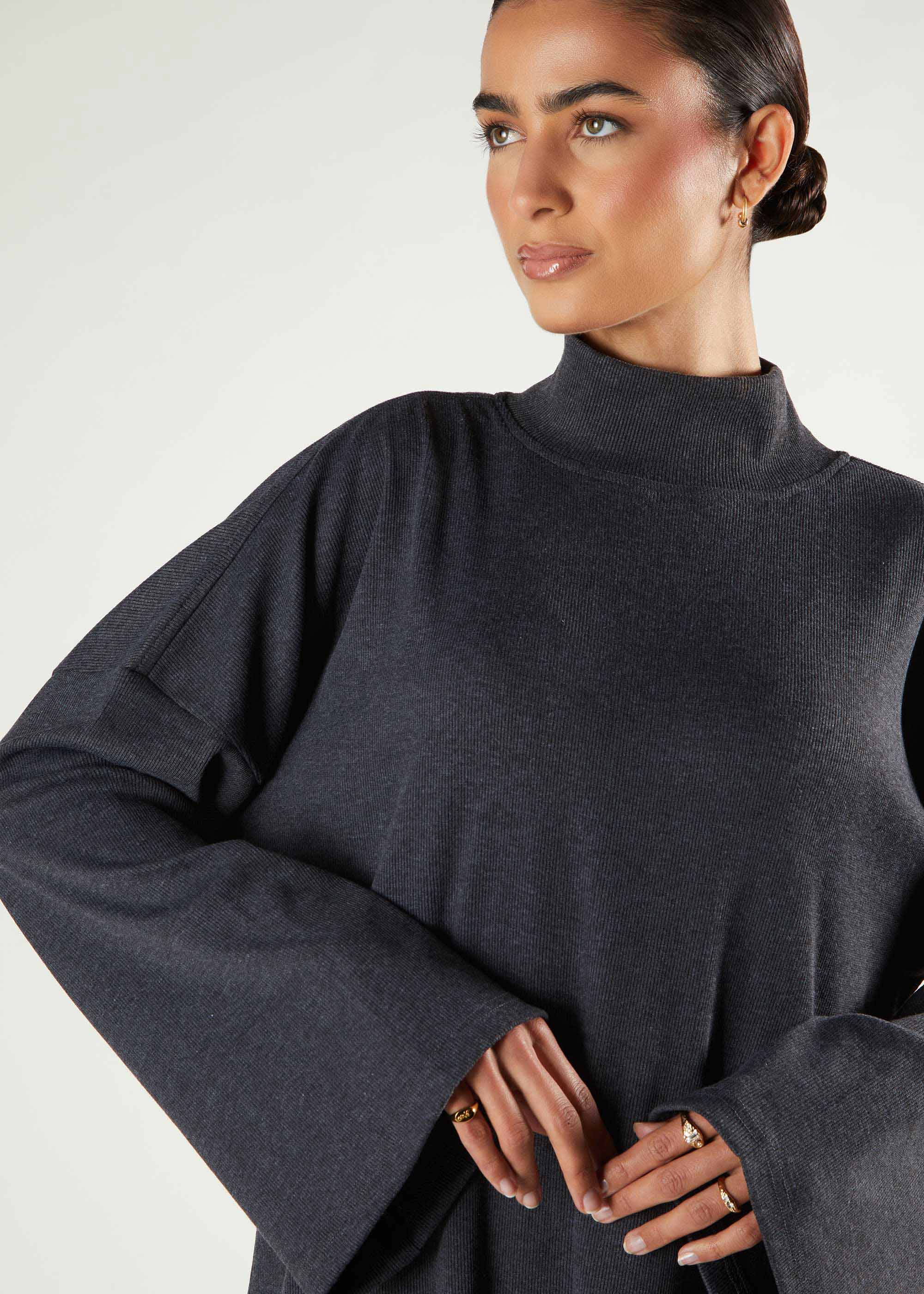 High Neck Abaya Charcoal - Image 4