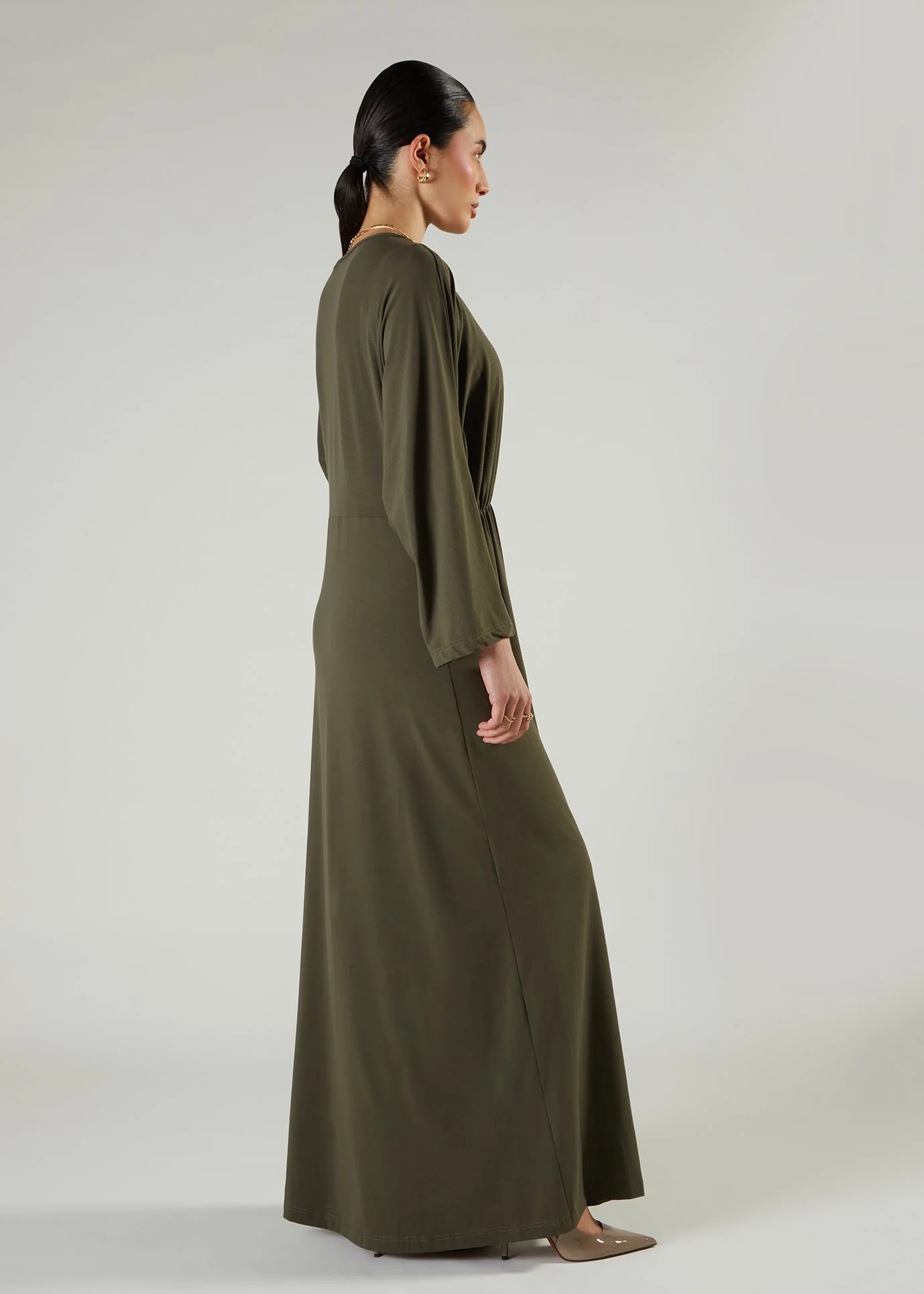 Side Pleat Abaya Olive - Image 3