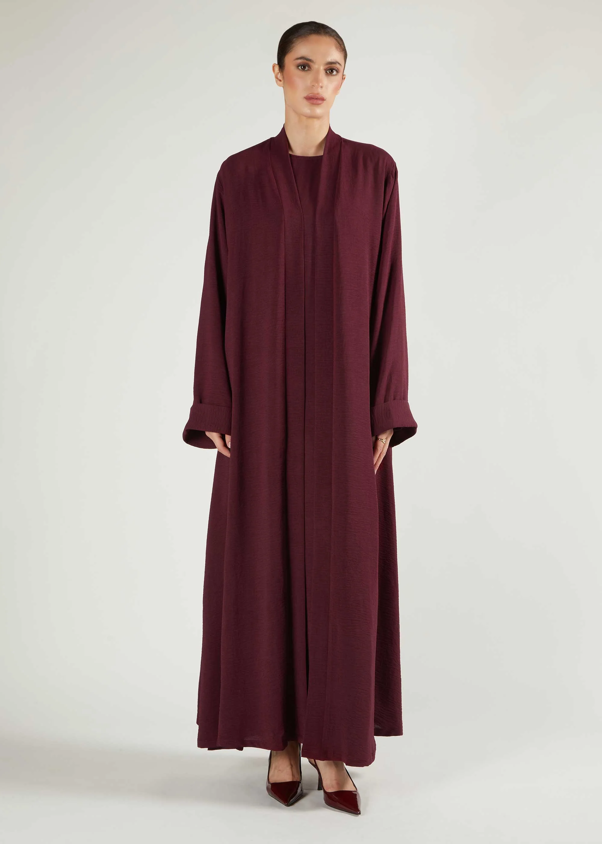 Two Piece Open Abaya With Slip Berry - Image 2