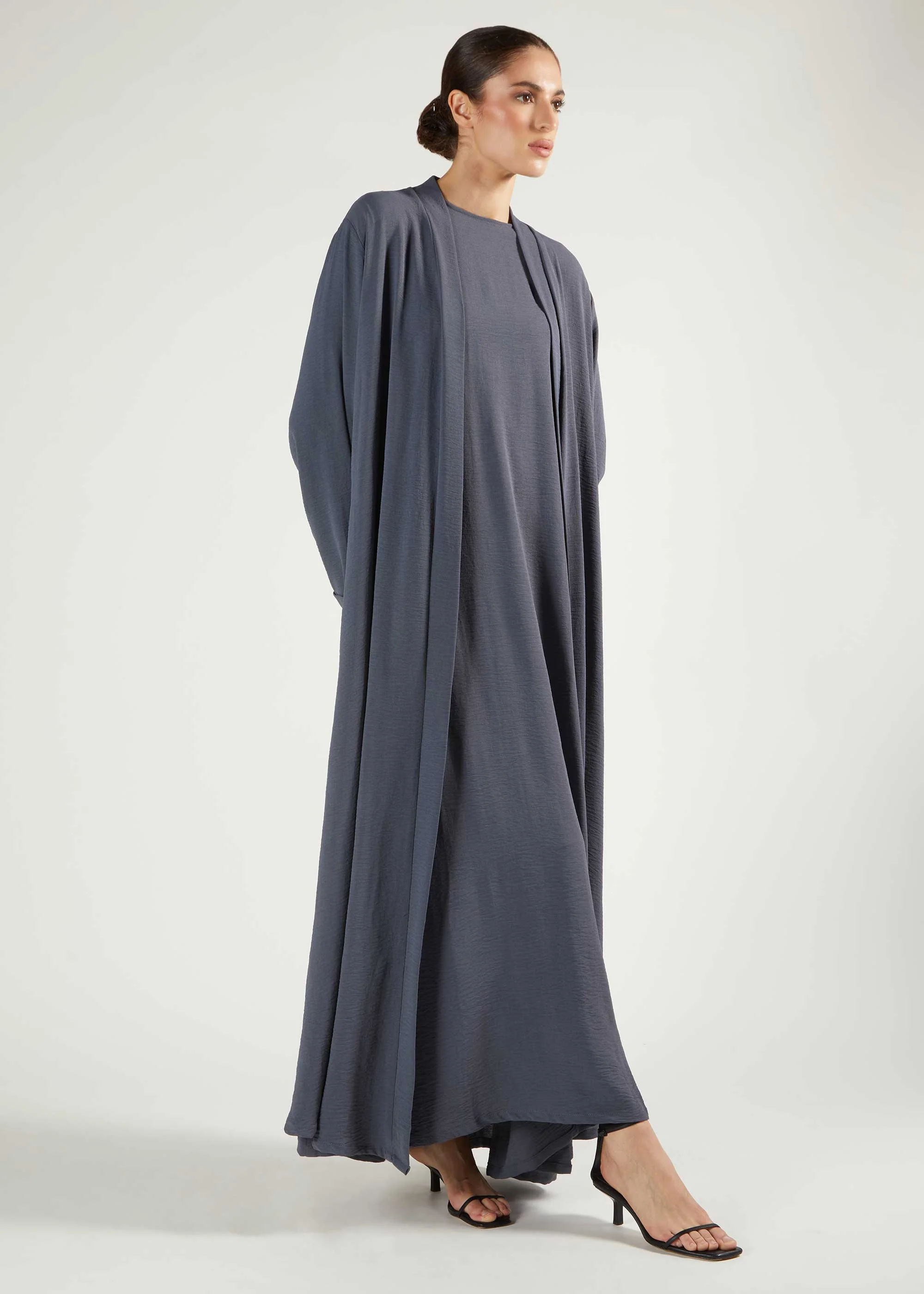 Two Piece Open Abaya With Slip Dusty Blue - Image 3
