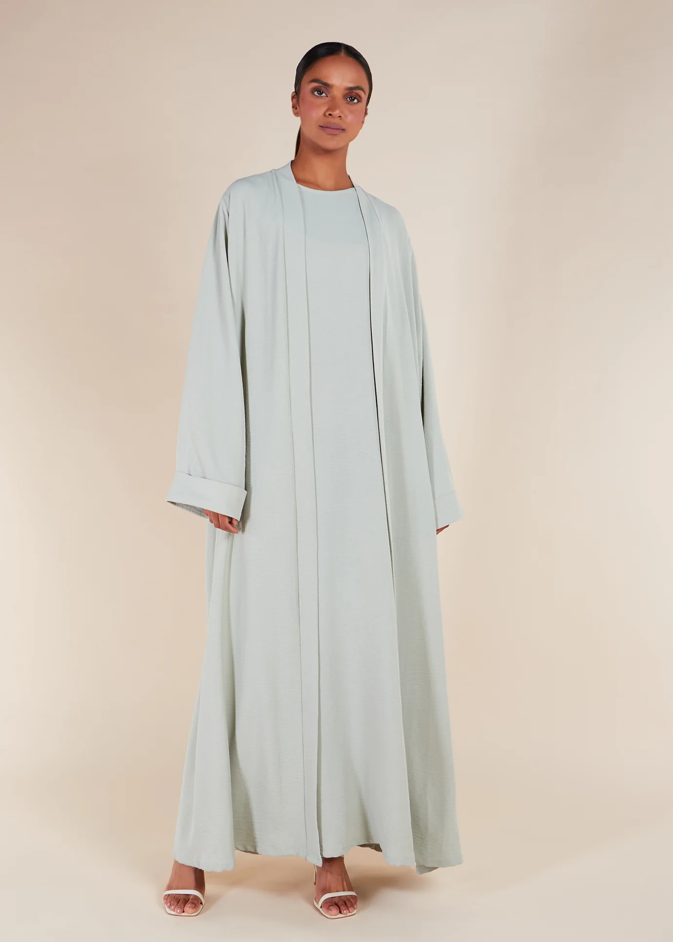 Two Piece Open Abaya With Slip Mint - Image 3