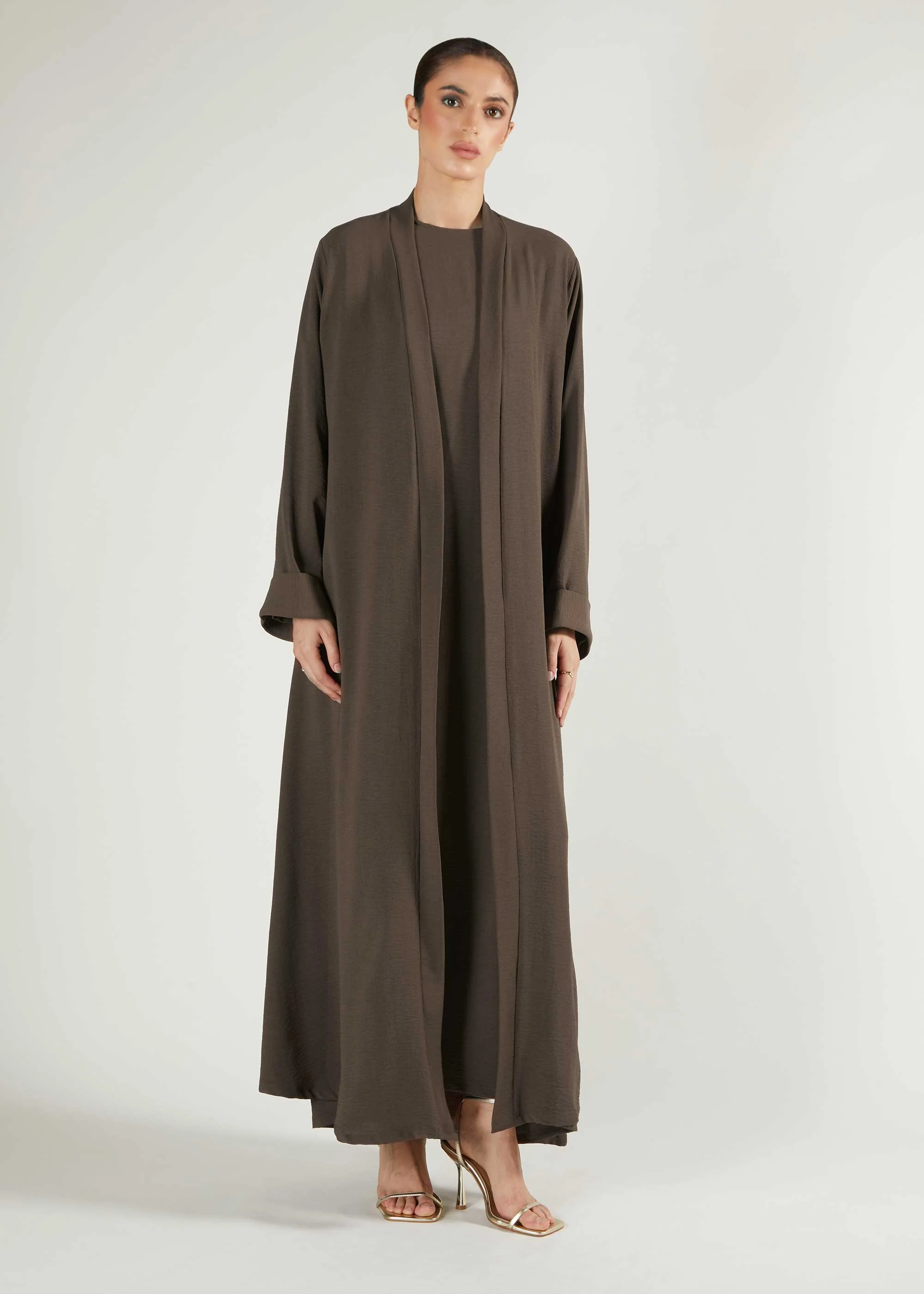 Two Piece Open Abaya With Slip Mocha - Image 2