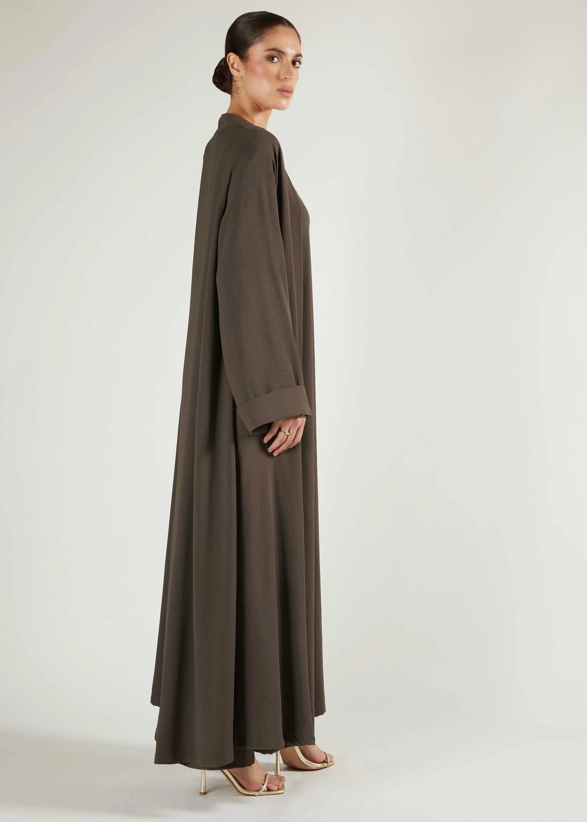 Two Piece Open Abaya With Slip Mocha - Image 3