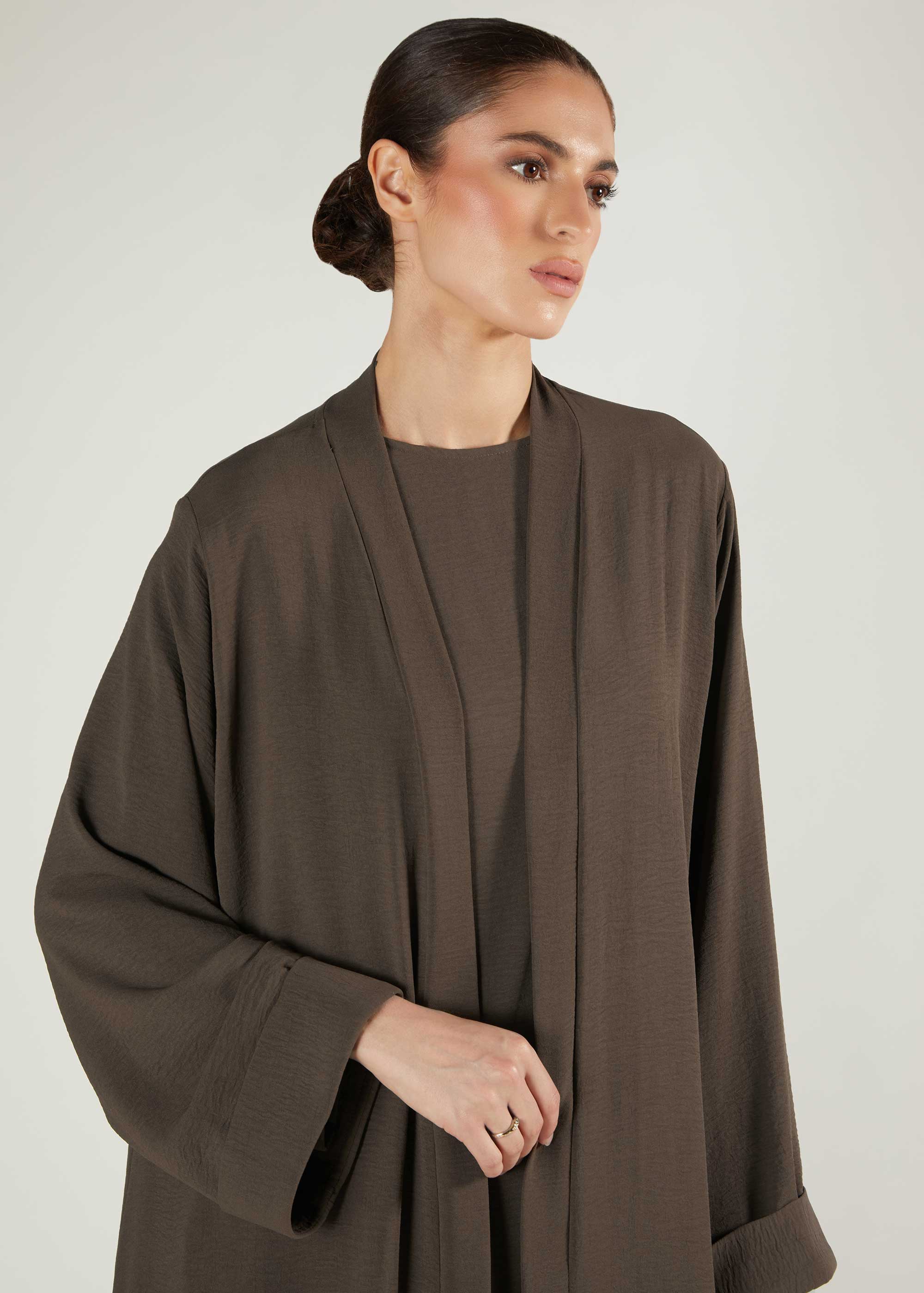 Two Piece Open Abaya With Slip Mocha - Image 4