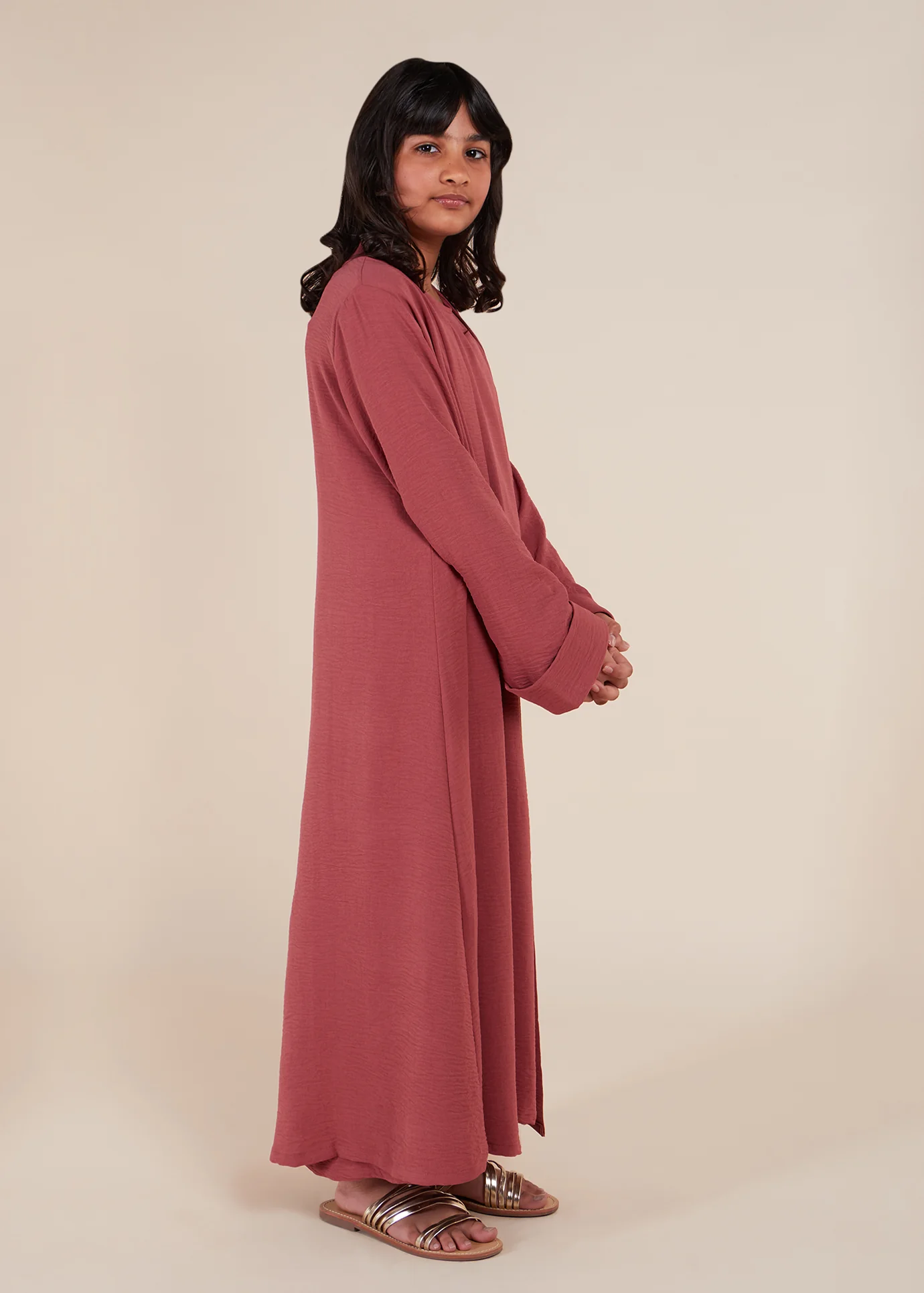 Girls Two Piece Open Abaya With Slip Tea Pink - Image 2